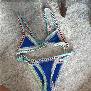 Blue Crochet Trim Bikini Set